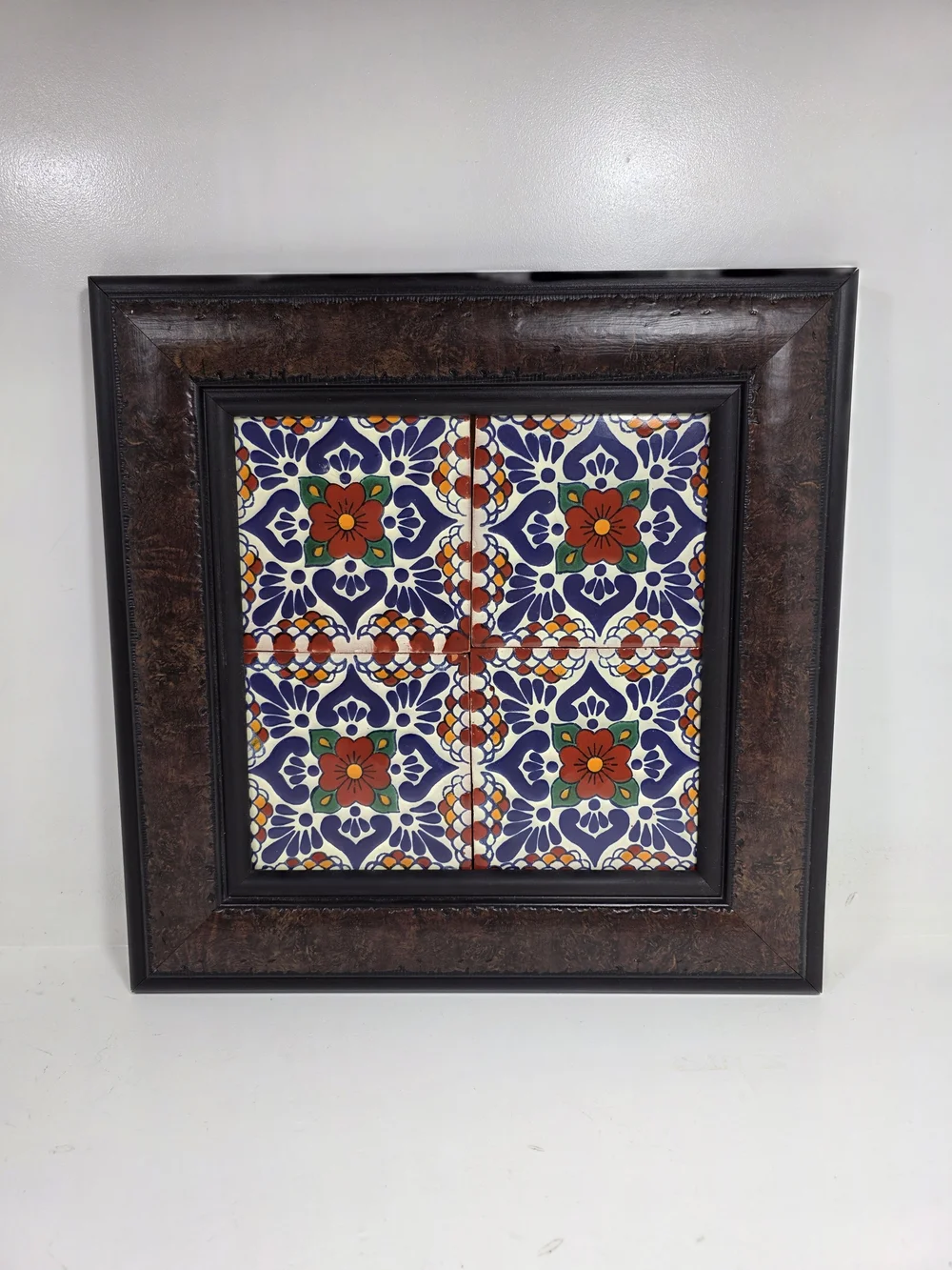 Handcrafted Colorful Floral Tile Wall Art - Brown Frame